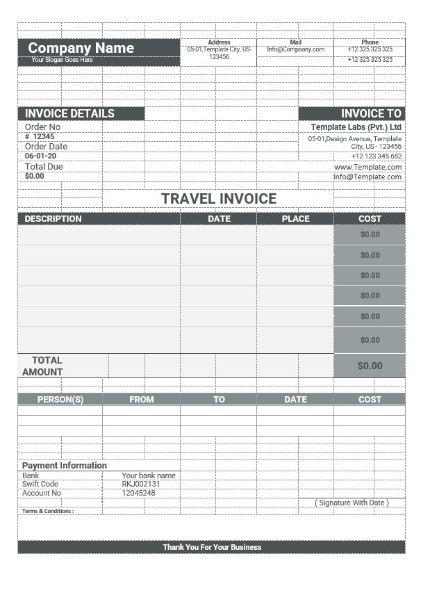 Sample Travel Invoice Template PSD template